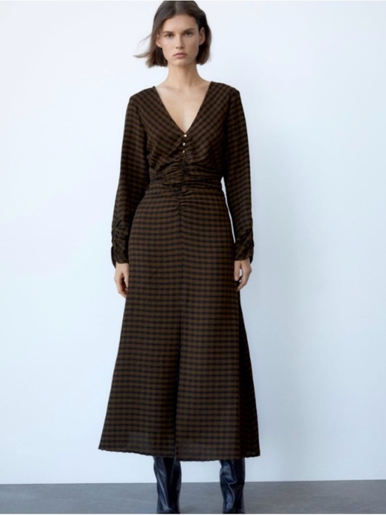 Zara Dresses & Skirts - Zara Women's XS Midi Dress Olive Green Checked Drapped Front NWOT